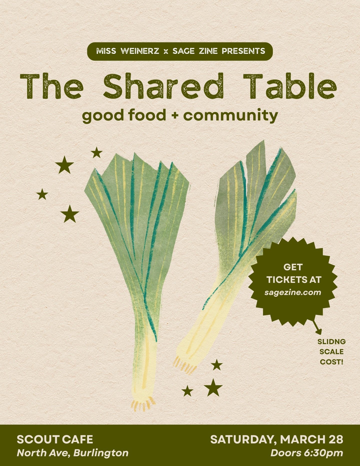Back with another community meal next Saturday!

New name, same sweet evening:
⭐️Dinner/treats made with local foods from @missweinerz 
⭐️At @scout.vt 
⭐️ Community activity led by @linslunchbox 
⭐️ Tickets at sagezine.com &mdash; sliding scale. Limi