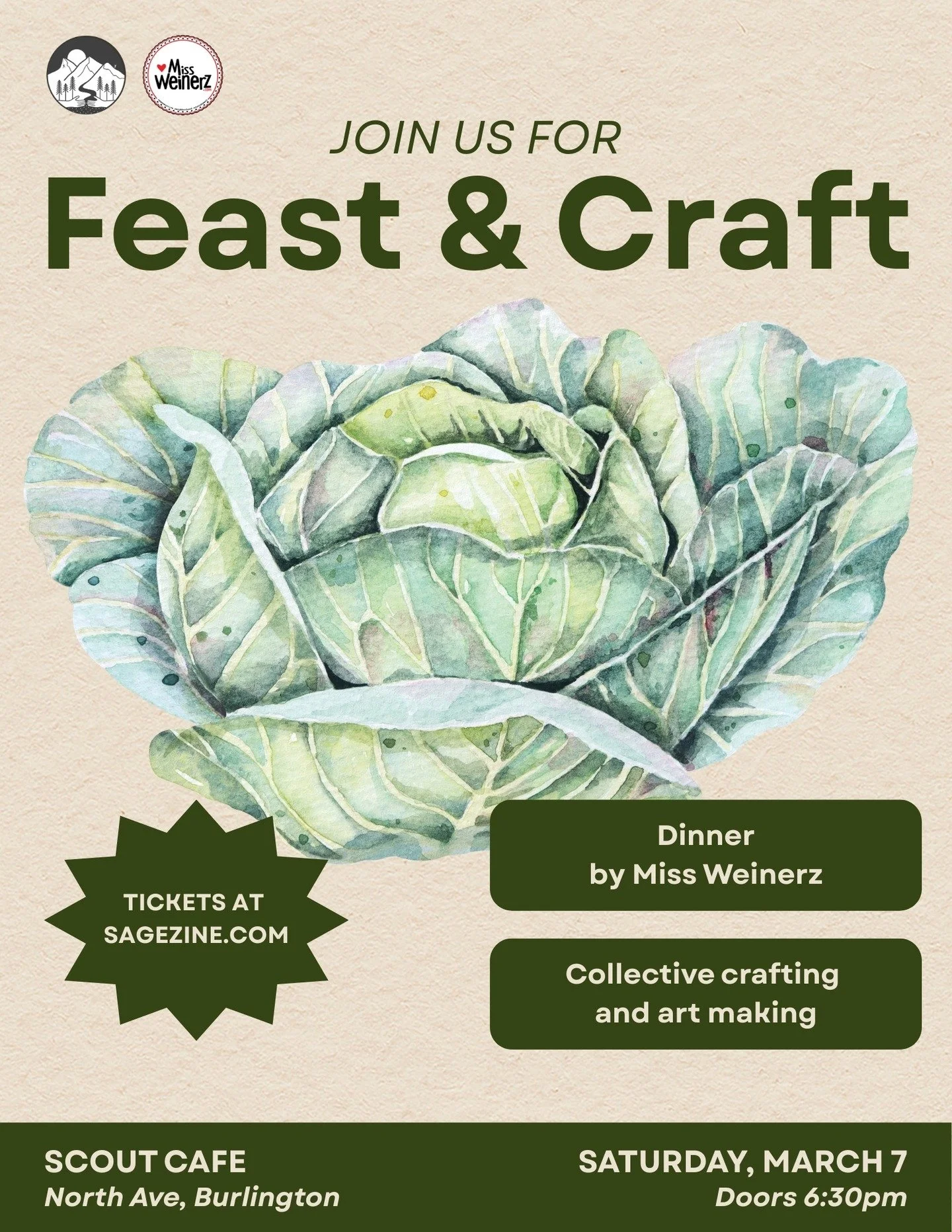 Next community meal: Saturday, March 7th! 🍽️ ⭐️ Bring your neighbors/friends/family!!!! 

Join us at @scout.vt (after hours) for a meal by @missweinerz, conversations, and art-making!

Tickets at sagezine.com!