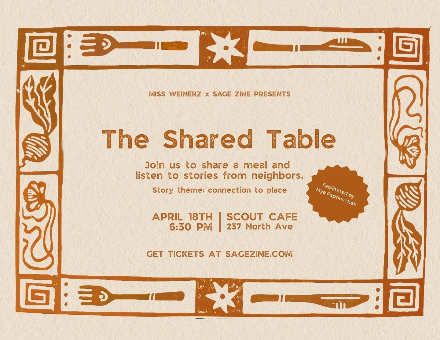 Join us for a shared meal and stories! We&rsquo;ll be joined by several storytellers to hear about their relationships to place. 🌎 🫂 Plus small group conversations! 

April 18th, 6:30pm at ONE Scout Cafe. 

🍴Dinner made by @missweinerz (gf/vegan o