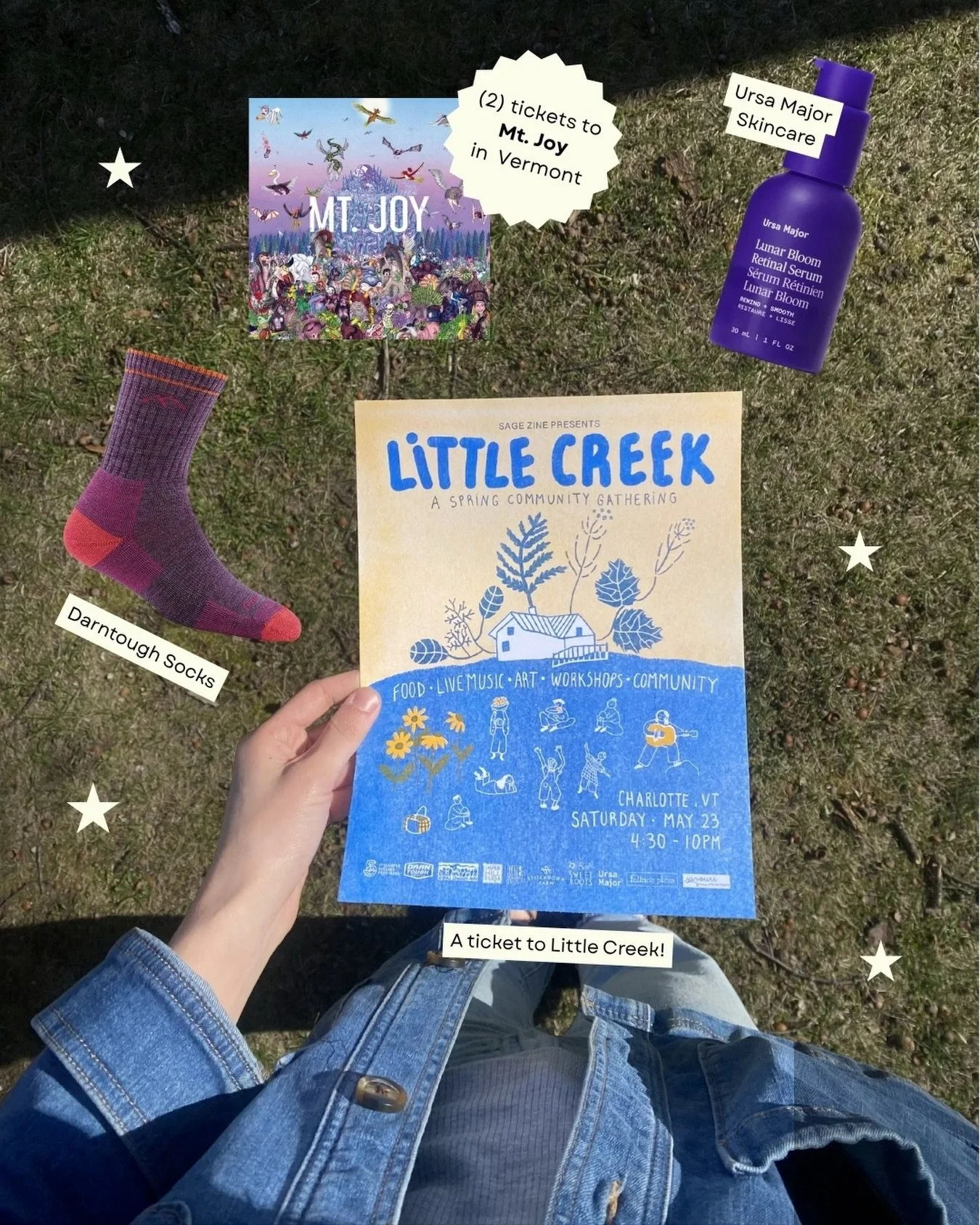 Time for a giveaway!

You&rsquo;ll get: 
🌷 A ticket to Little Creek spring gathering 
🌷 Pair of tickets to @mtjoyband on June 4th in VT 
🌷 1 pair of @darntoughvermont socks
🌷 Bottle of @ursamajorvt skincare

How to enter: 
1.  Follow us @sage_zin