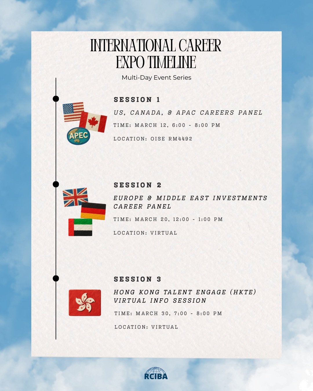 Curious to know about different careers in business around the world? The International Careers Expo is for you! In collaboration with RC Career Services, we are here to deliver 3 sessions highlighting careers in:
⭐ Canada, USA, and APAC featuring pr