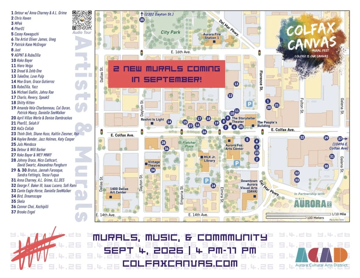 Map of all of the Colfax Canvas murals in ACAD. Click the button in the section for the audio tour to learn more.