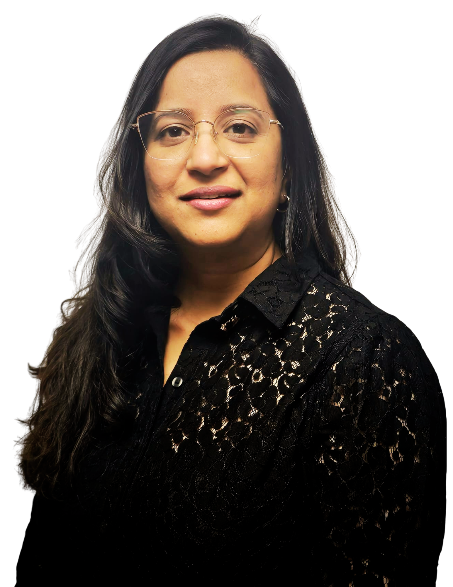 Portrait of a woman with long dark hair, wearing glasses and a black lace top, smiling at the camera.