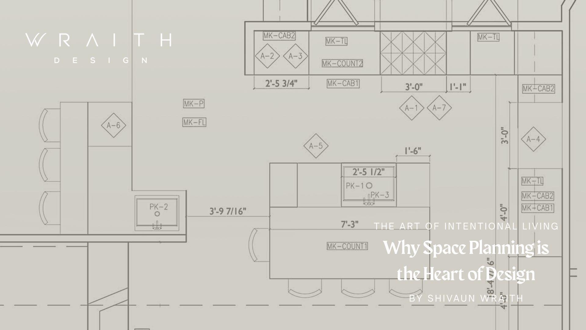 A blueprint of a residential space with various dimension measurements and labeled areas, with overlaid text reading, 'The art of intentional living: Why space planning is the heart of design by Shivaugn Wraith.'