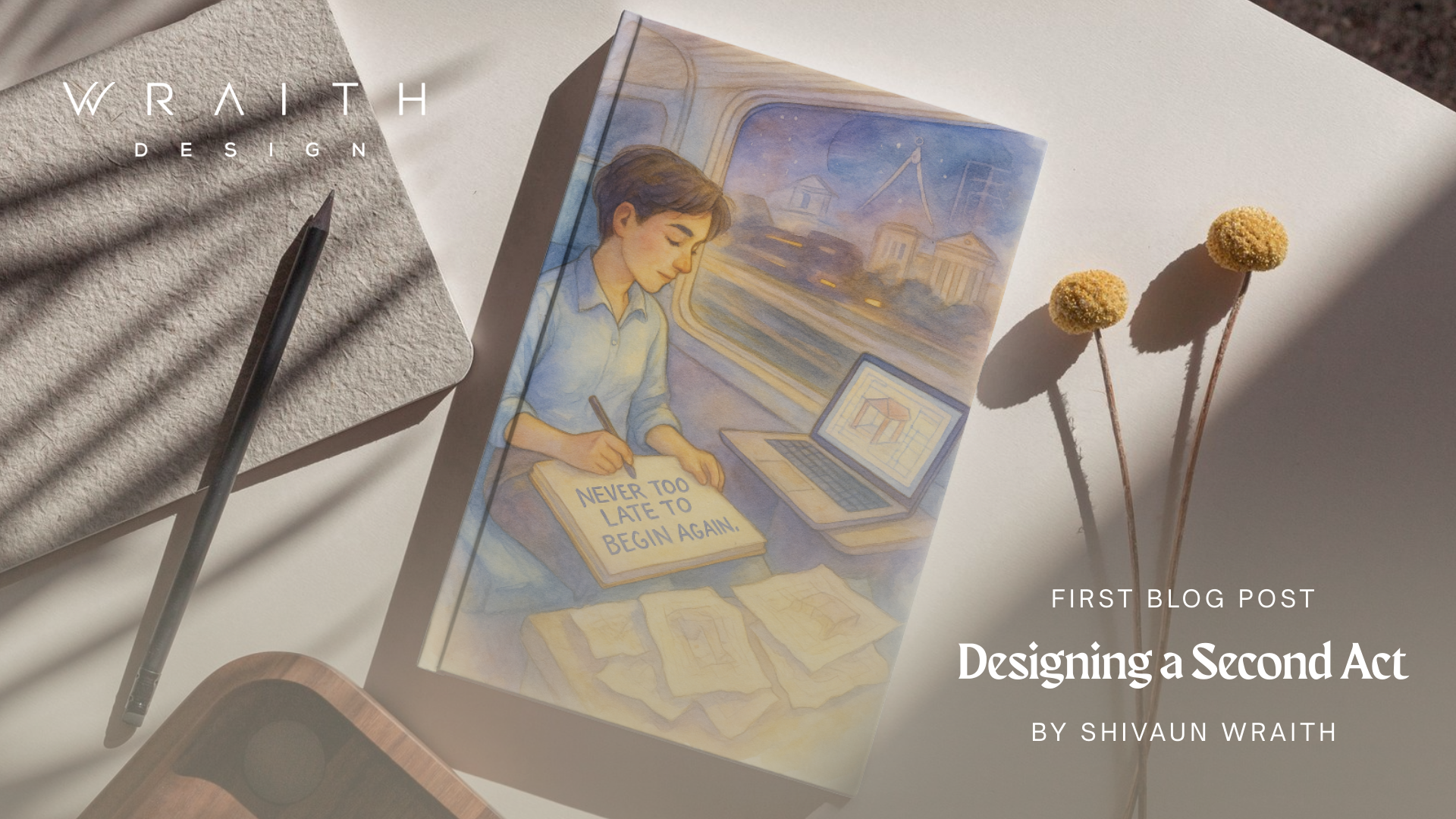 A book cover for a blog post titled "Designing a Second Act" by Shivaun Wraith. The cover features an illustration of a woman writing in a notebook with a laptop and sketches on a desk, with city buildings visible through a window in the background. The scene is illuminated by natural light, casting shadows on the desk and objects.