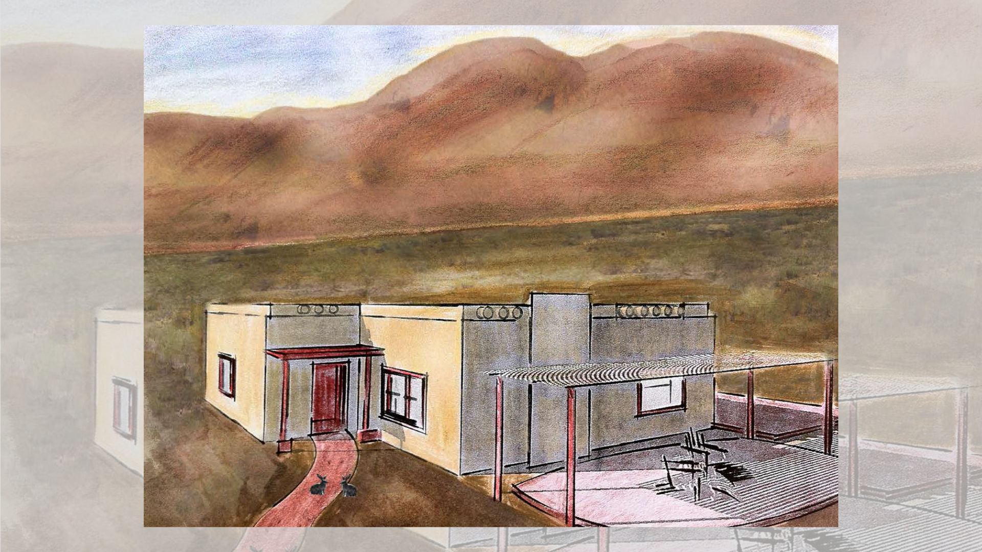 Sketch of a modern house with outdoor patio, set against a backdrop of mountains and sky