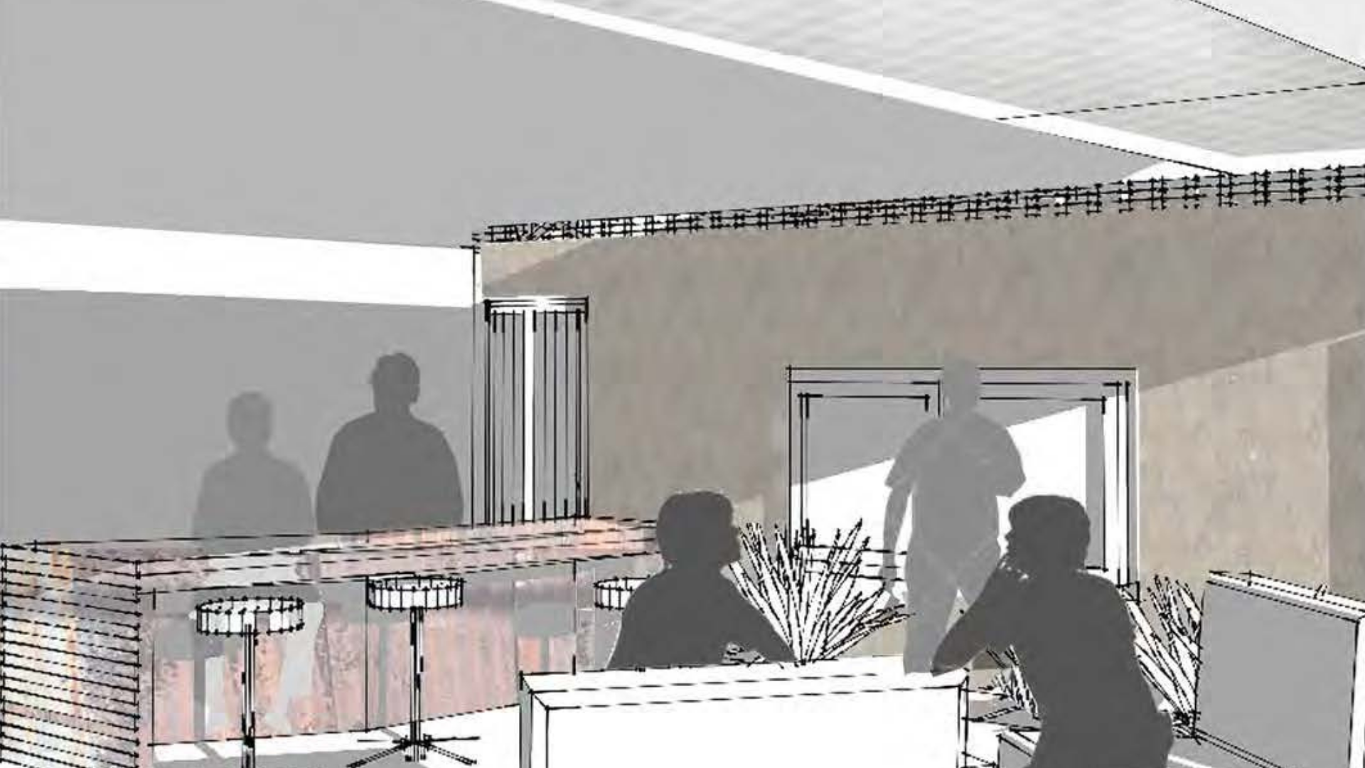 Sketch or rendering of an indoor space with four silhouetted people, some sitting and some standing, and barstools and plants in the room.
