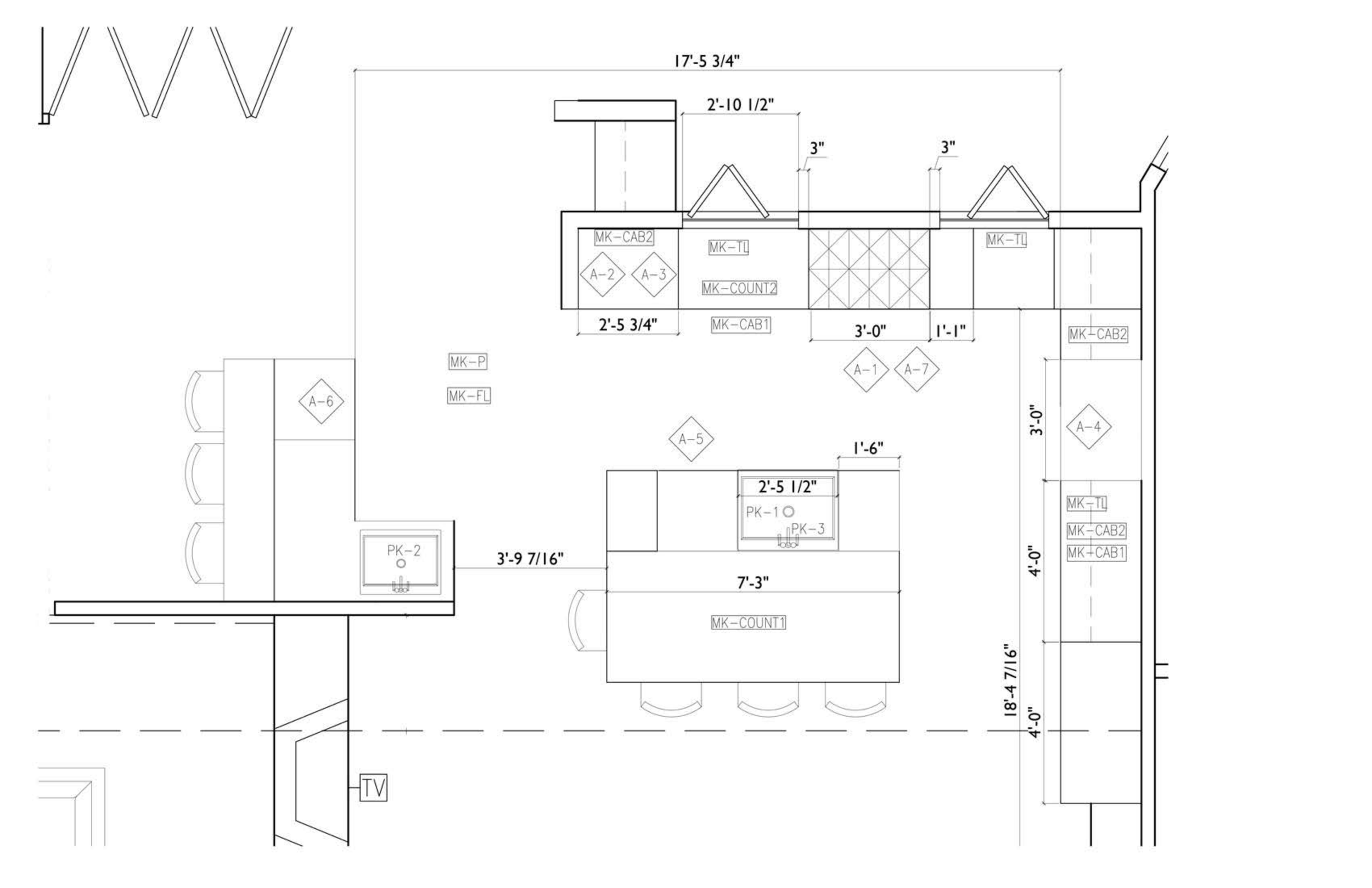 Architectural floor plan of a kitchen with measurements, cabinets, countertops, and appliances labeled.