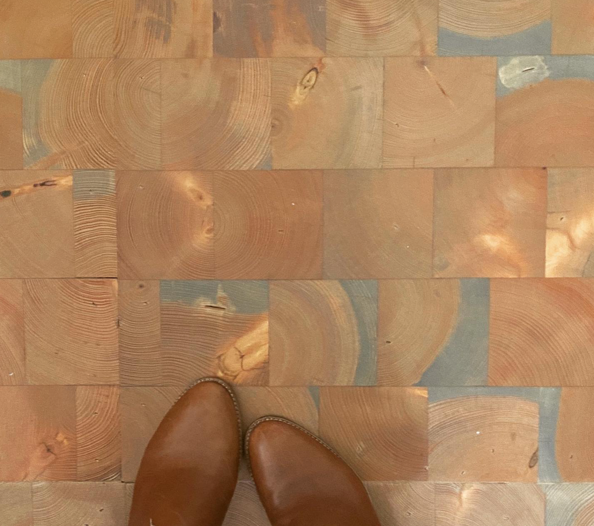 A person wearing brown boots standing on a wooden floor with a pattern of circular growth rings.