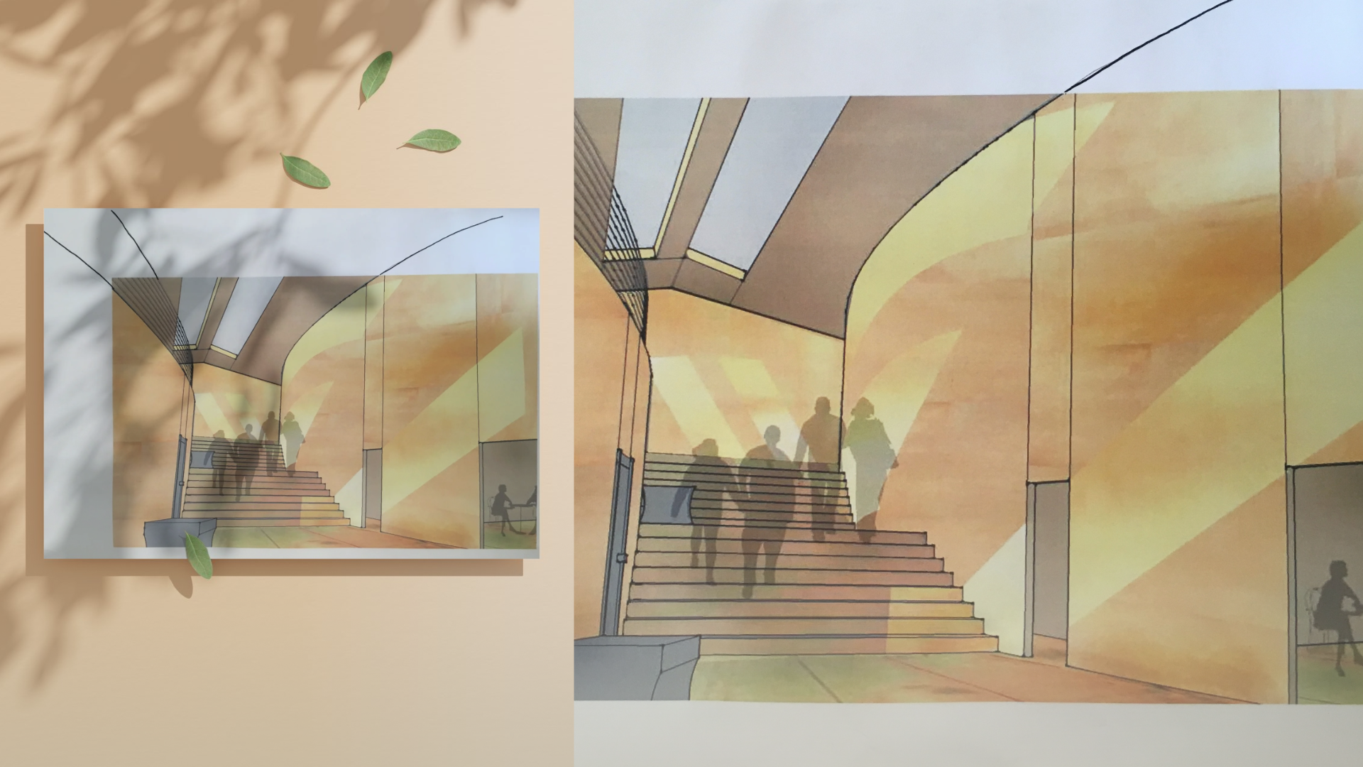 Renderings of a modern interior with a staircase, large yellow and orange wall art, black metal railings, and silhouettes of people walking and sitting.