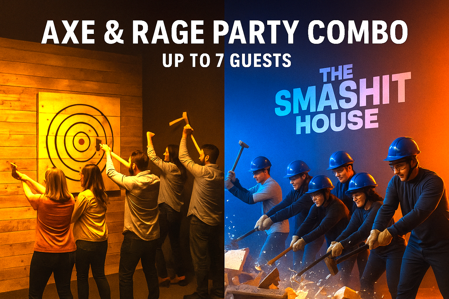 Group of friends enjoying the Axe & Rage Party Combo at The Smashit House in Davie, Florida. The scene features glowing axe-throwing targets, smashed glass and furniture pieces, and vibrant orange-and-blue Smashit House