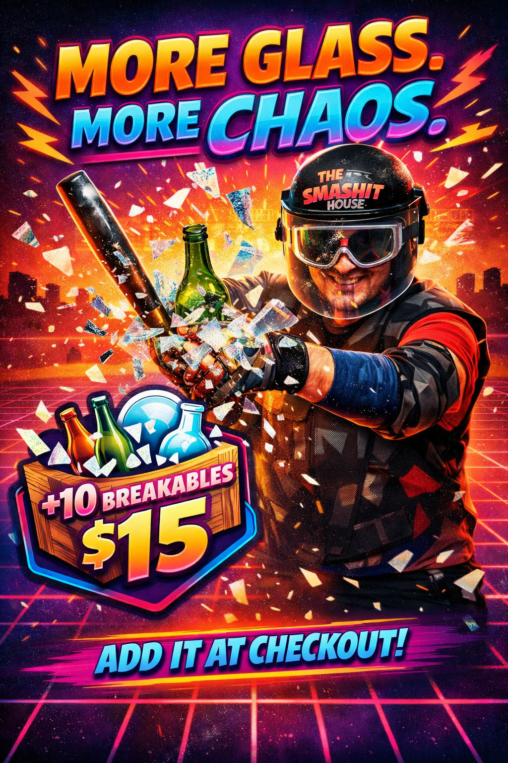A vibrant digital illustration featuring a person in a motorcycle helmet and gear smashing a glass bottle amid flying shards and confetti. The background is a neon-lit cityscape with a grid floor. Text reads 'More Glass, More Chaos,' with a package of bottles advertising '+10 Breakables for $15' and the phrase 'Add it at checkout!'