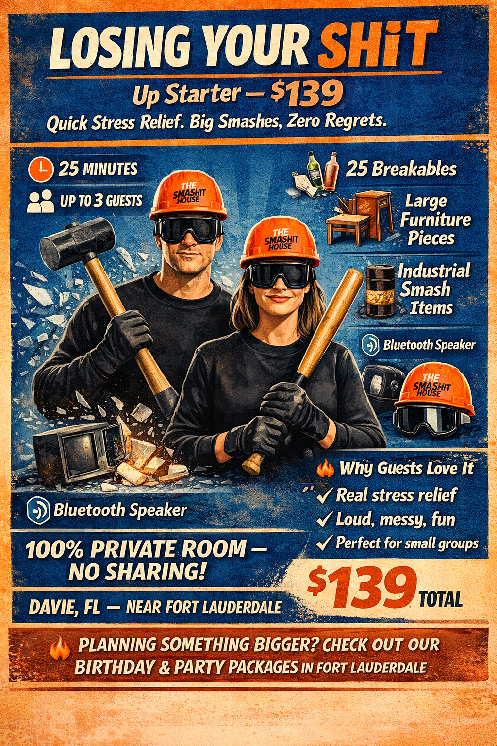 Promotional flyer for a stress relief package called 'Losing Your Shit' starting at $139. Features two people wearing construction helmets and goggles, holding hammers, with breakable items around them. Highlights include 25 minutes, up to 3 guests, access to breakables, furniture pieces, industrial smash items, and Bluetooth speakers. Location: Davie, FL, near Fort Lauderdale. Additional notes mention private room, no sharing, and fun, messy, loud stress relief. Advertises birthday and party packages nearby.