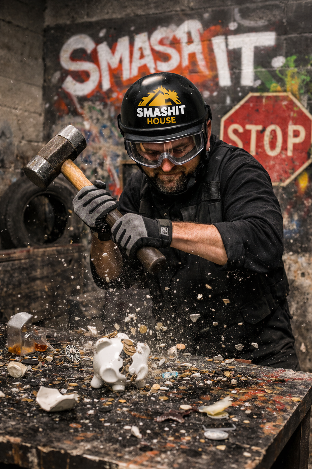 A man smashing a ceramic piggy bank with a hammer in a graffiti-covered room, with debris flying and broken pieces on the table.