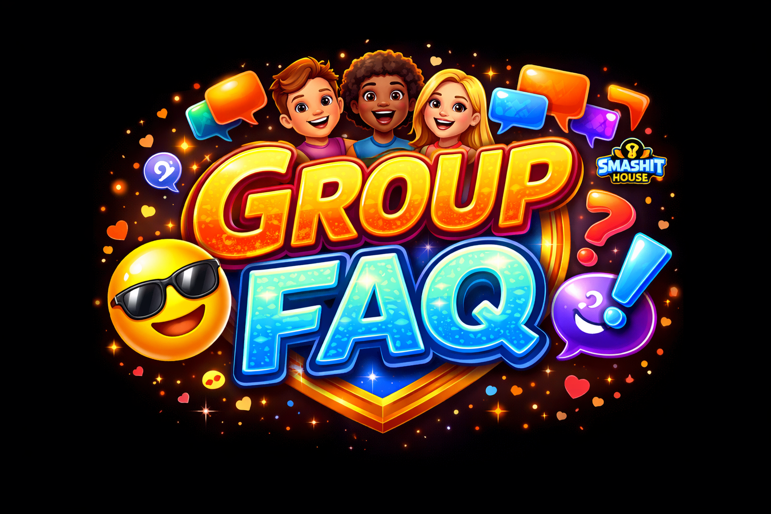 Colorful graphic for 'Group FAQ' featuring three animated children, a smiling emoji with sunglasses, and various chat bubbles and emojis on a black background.