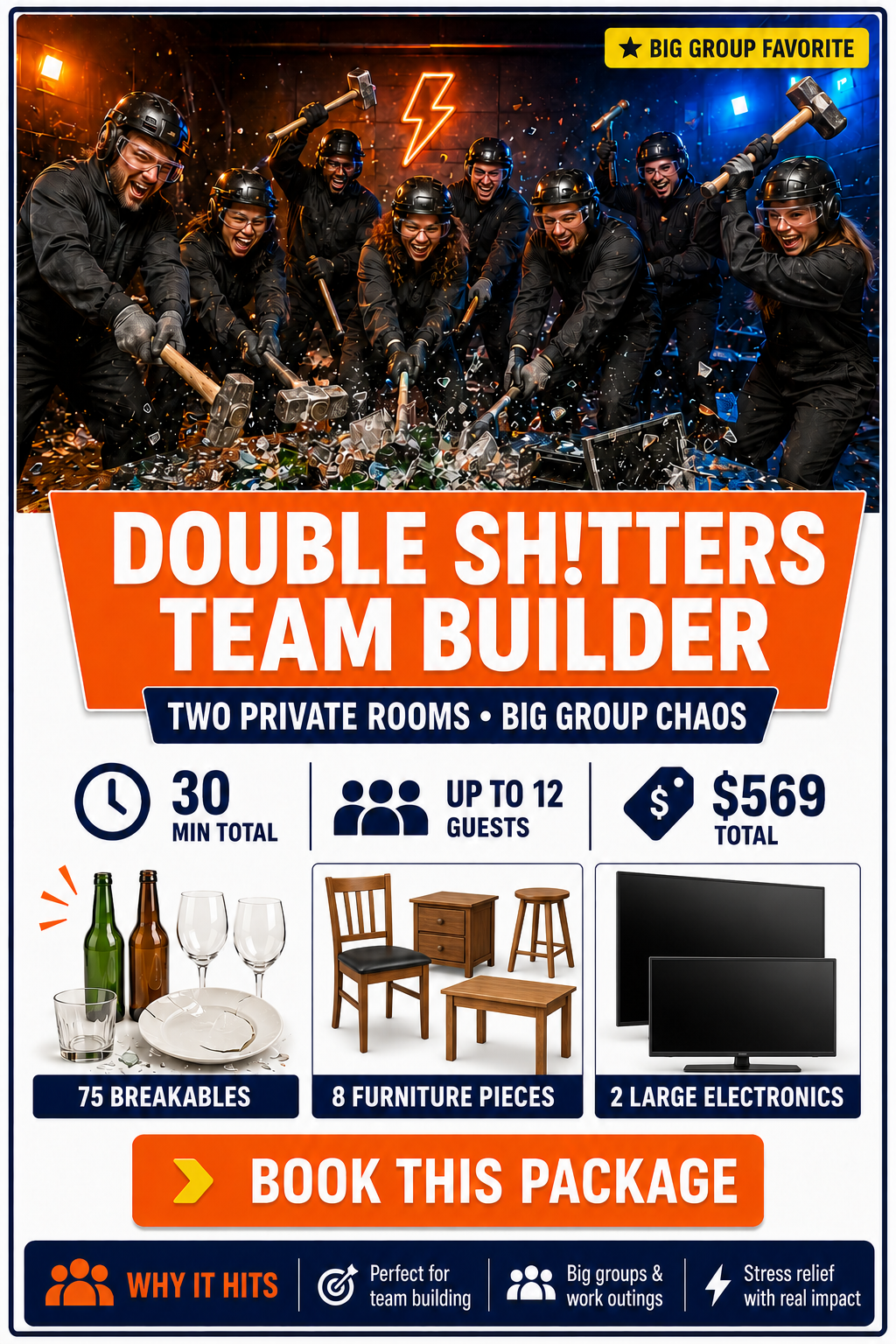 A group of people in helmets and black attire celebrating with hammers after smashing a computer in a chaotic scene with sparks and debris, illuminated by orange and blue lighting, with a neon lightning bolt symbol in the background.