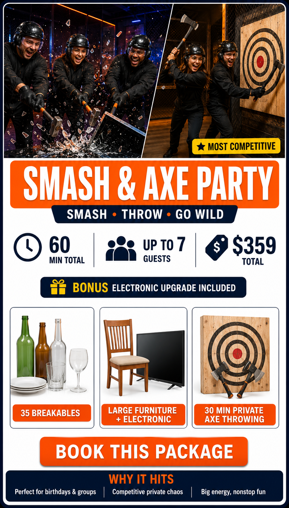 Advertisement for a smash and axe party, showing people wearing helmets and goggles, participating in axe throwing activities both smashing glass and hitting a target, with details about the event including duration, guests, cost, bonuses like electronic upgrades, and additional activities such as indoor barware, furniture, and axe throwing, with a call to action to book the package.
