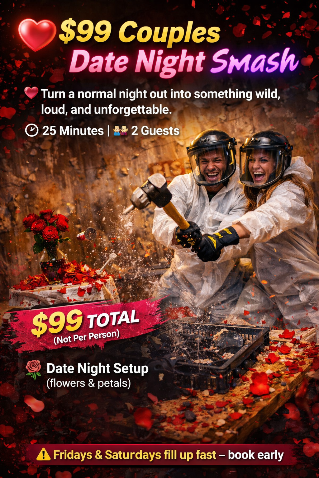 A promotional flyer for a couples date night event costing $99 total, featuring a photo of a happy couple in white protective suits, helmets, and gloves smashing a flower arrangement with a hammer. The flyer highlights a 25-minute, two-guest experience with a flowers and petals setup, emphasizing booking early as Fridays and Saturdays fill quickly.