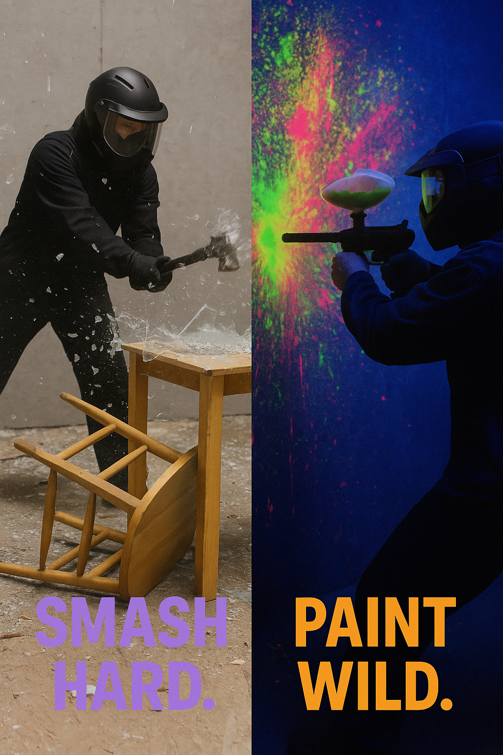 A person wearing protective gear smashes a wooden chair with a hammer on the left side of the image. The background is plain and gray. On the right side, another person wearing protective gear is engaged in a paintball game, aiming a paintball gun at colorful splashes of paint on a dark background. The left side has text in purple reading 'SMASH HARD.' and the right side has text in orange reading 'PAINT WILD.'.