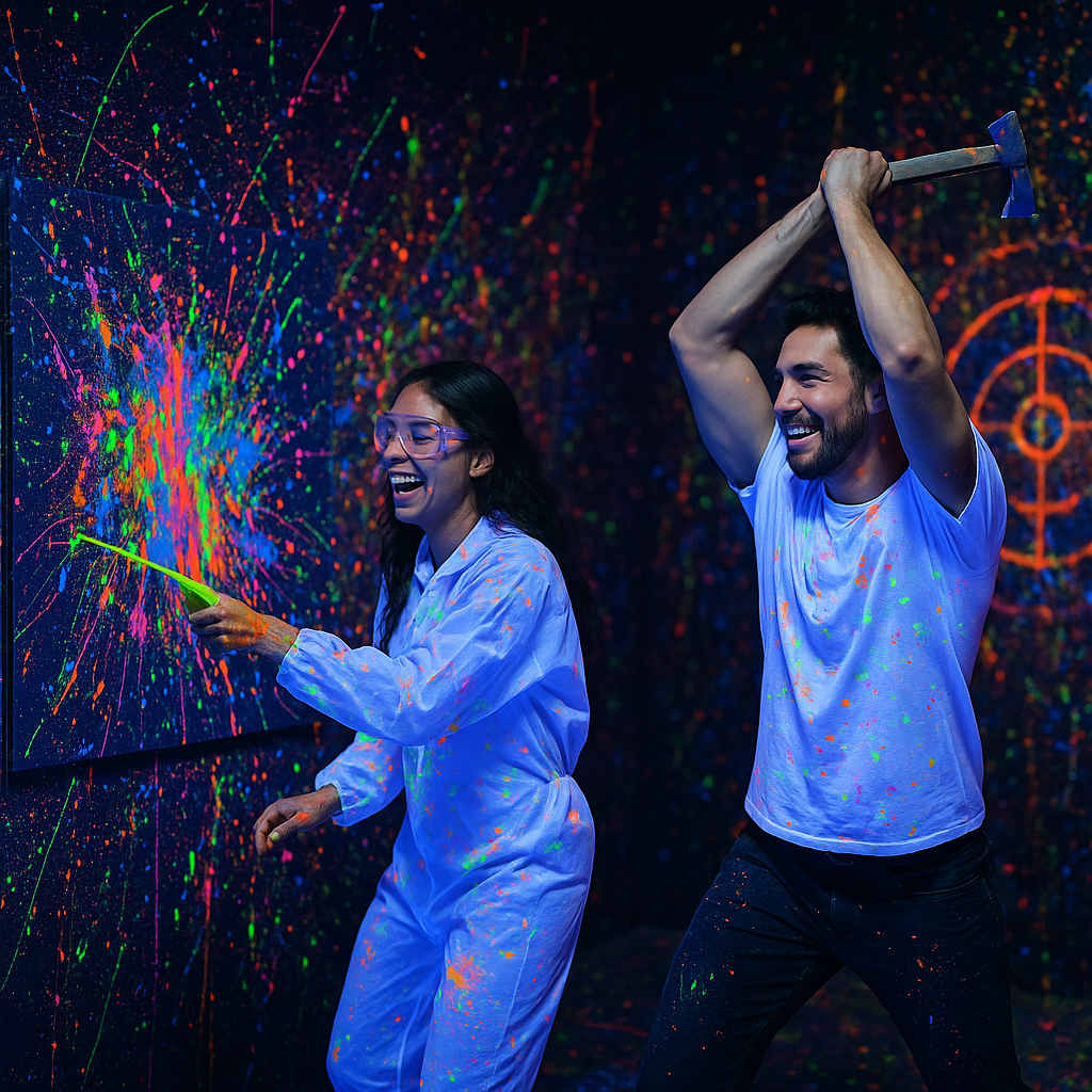 Two couples splatter painting glow in dark 