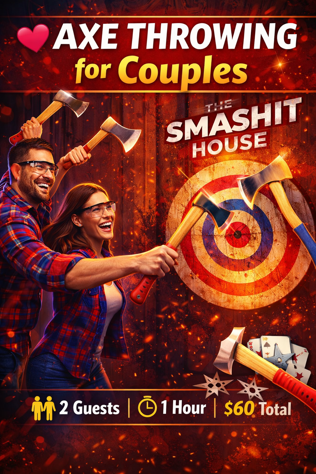 A promotional poster for axe throwing for couples, showing a happy man and woman holding axes near a target, with the event details of 2 guests, 1 hour duration, and $60 total cost.