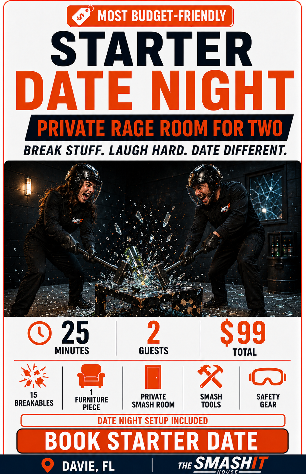 A promotional poster for a budget-friendly beginner date night activity at Smash House. Features a photo of two people in safety helmets smashing an object, with event details including duration, number of guests, price, and amenities like breakables, furniture, a private room, tools, and safety gear.
