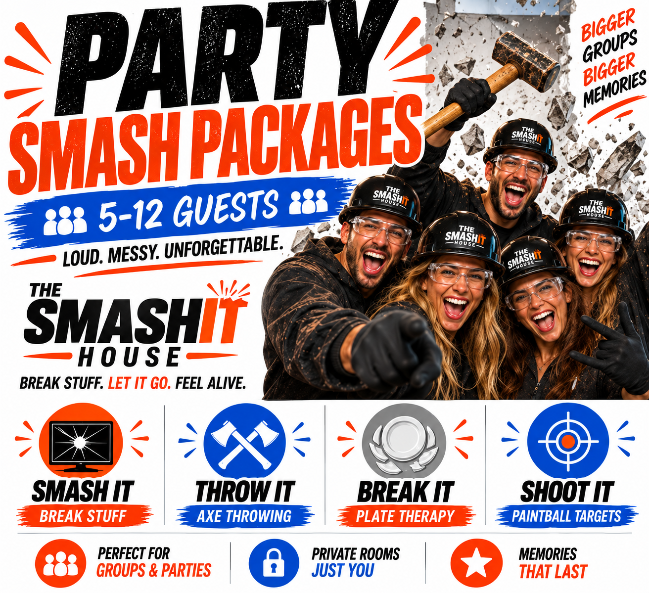 Colorful graphic advertisement for a party package at The Smash House. The image features a group of five people wearing helmets and safety glasses, excited and holding tools. The text promotes a fun, loud, messy, and unforgettable experience, with activities like smashing, throwing axes, breaking plates, and shooting paintball targets. The package is suitable for 5-12 guests, perfect for groups and parties, with private rooms.