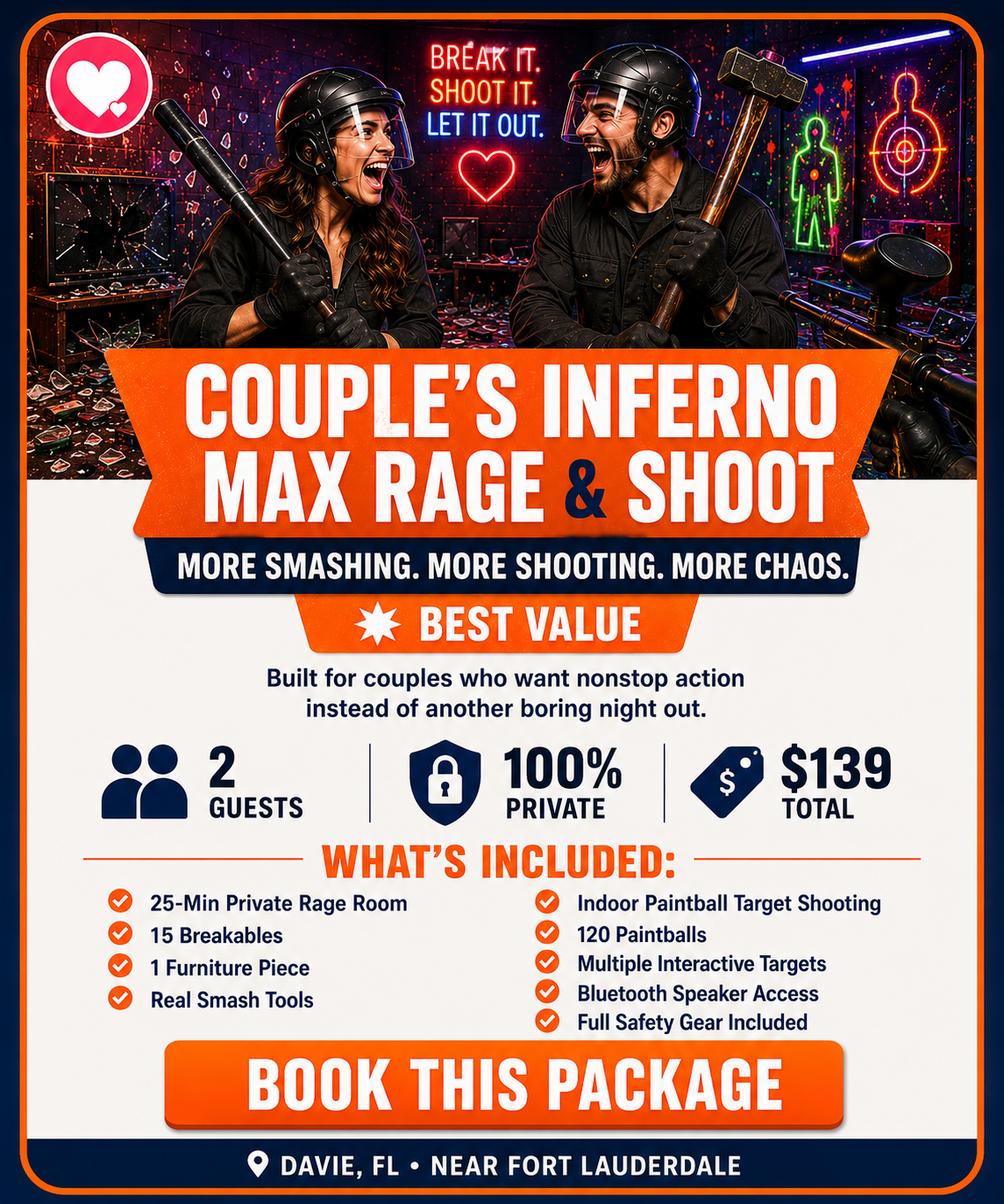 An advertisement for a couples indoor paintball experience featuring two people in paintball helmets and gear, laughing indoors with neon signs and target graphics in the background.