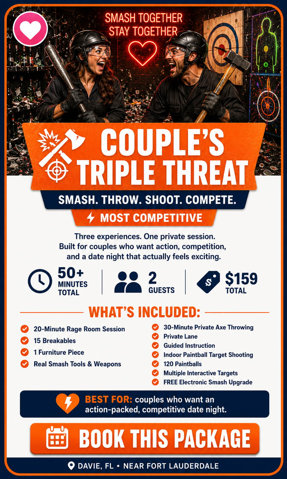 A promotional poster for a couple's action-packed date night activity called 'Couple's Triple Threat', featuring axe throwing, indoor paintball, and an indoor target shooting experience. The poster shows a man and woman wearing helmets and holding weapons, smiling and laughing. It highlights features like 50+ minutes total, 2 guests, and a total price of $159. The activities include a rage room session, breakables, furniture piece, real tools, axe throwing, paintball, target shooting, interactive targets, and a free upgrade. The event is designed for couples seeking exciting, competitive experiences in Davie, Florida near Fort Lauderdale.