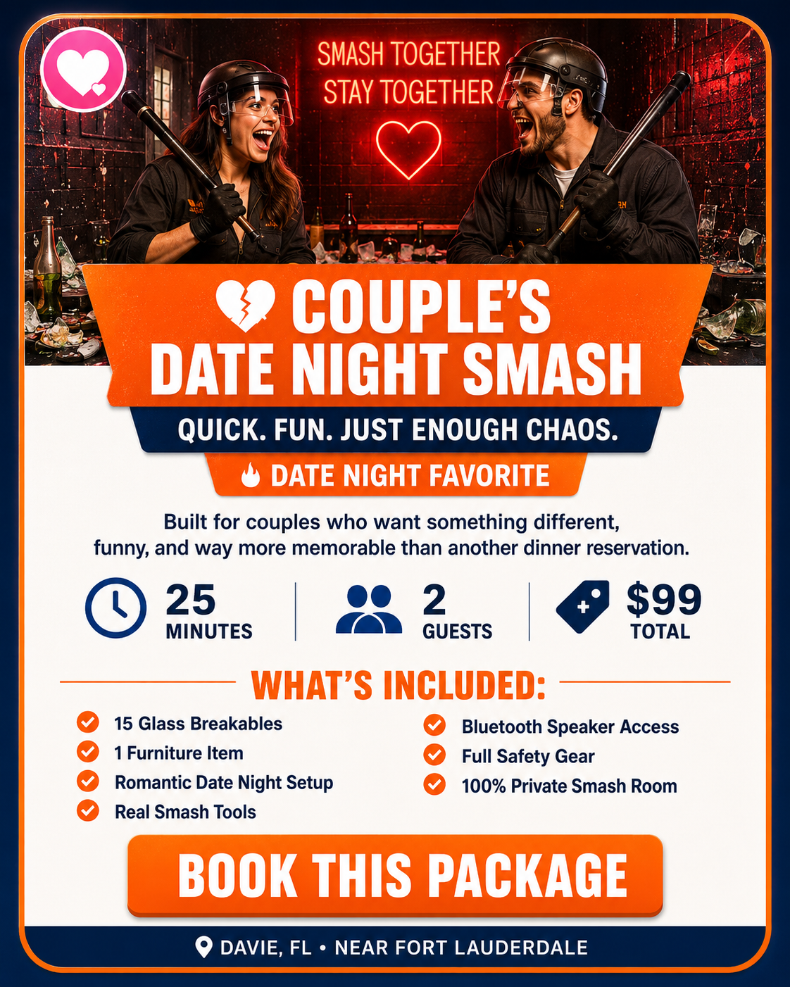 A promotional flyer for a couple's date night activity called 'Couple's Date Night Smash.' It features two people wearing safety helmets and holding baseball bats, celebrating in a messy, party-like setting with broken glass and bottles. The background has a red brick wall with neon signs reading 'SMASH TOGETHER STAY TOGETHER' and a heart symbol. The flyer includes details about the event, such as duration, number of guests, price, and what's included, with a prominent orange button to book the package.