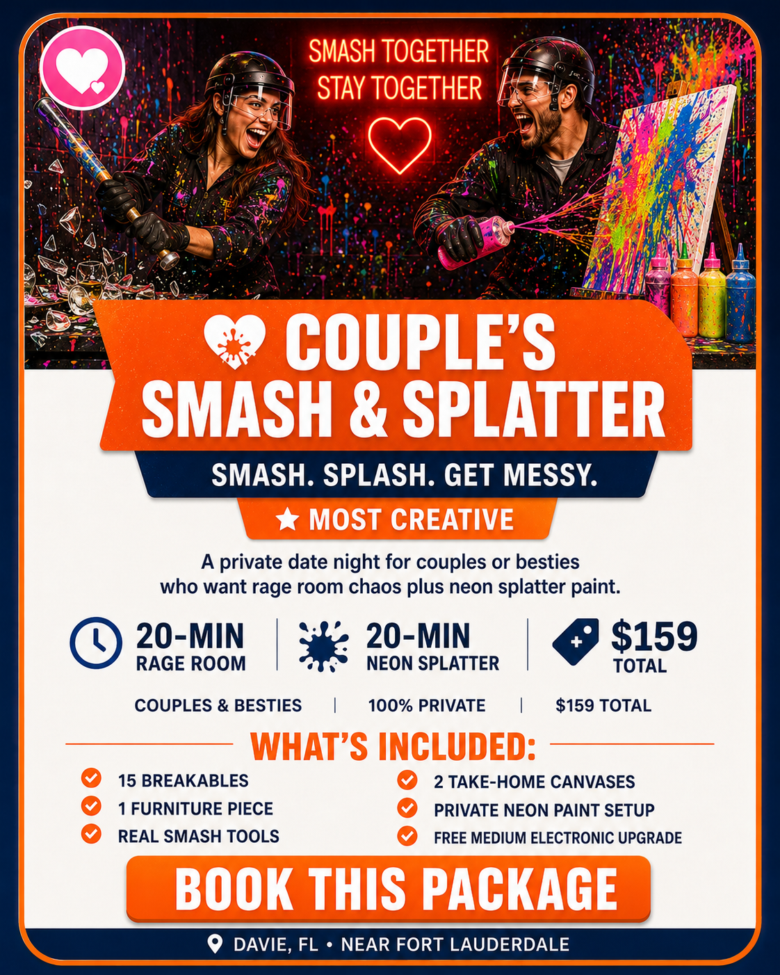 An advertisement for a couple's smash and splatter date night activity featuring two people wearing helmets and splattering paint on canvases, with neon lights and vibrant paint splashes in the background. The ad includes details about the duration, price, and what's included in the package, and a call to action to book the package.