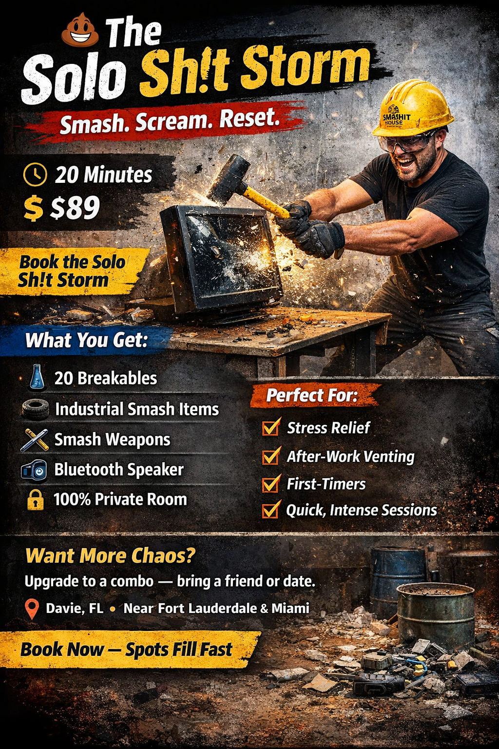A promotional poster for a solo smash storm event featuring a man wearing safety glasses and a yellow hard hat smashing a television with a mallet, with lots of debris flying around, and additional details about the event including price, duration, and what participants will receive.