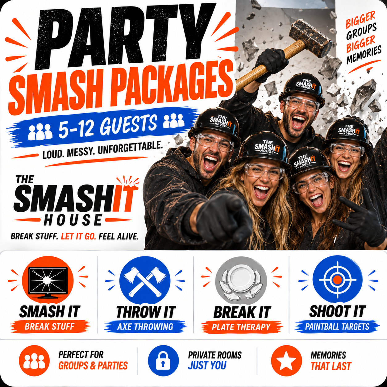 Group of six smiling people in safety helmets and glasses at The Smash It House, holding a sledgehammer and making a victory sign, surrounded by text promoting party packages and activities like smashing, throwing, breaking, and shooting.