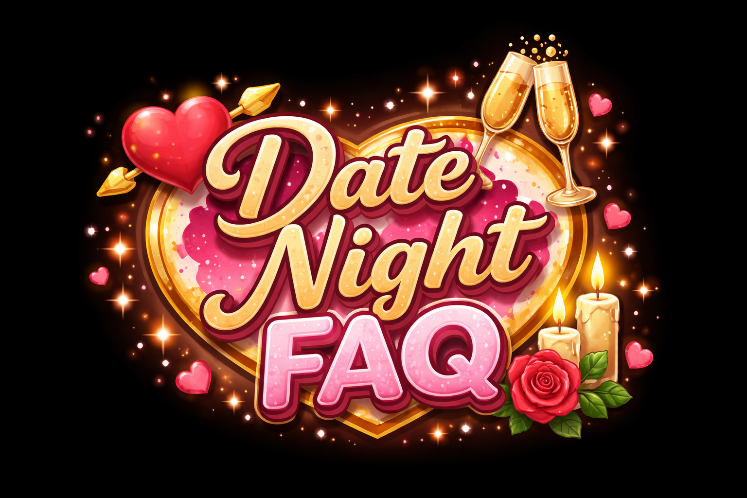 Brightly colored graphic with the text 'Date Night FAQ' against a pink heart and black background, decorated with a red rose, candles, champagne glasses, hearts, and sparkles.