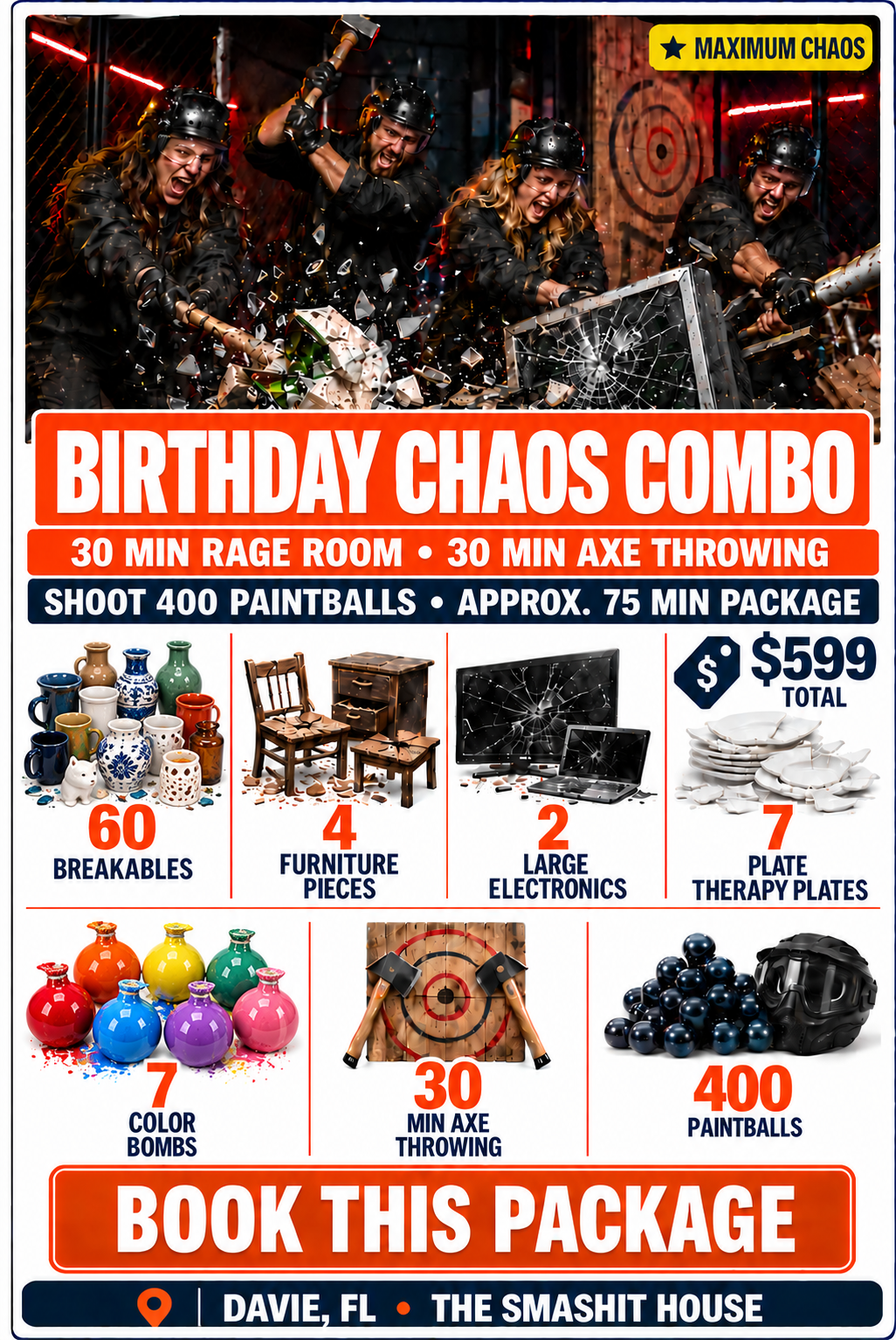 A group of four people wearing black protective gear and helmets, smashing electronic devices and glass objects during a birthday party chaos event at The Smashit House in Davie, Florida.