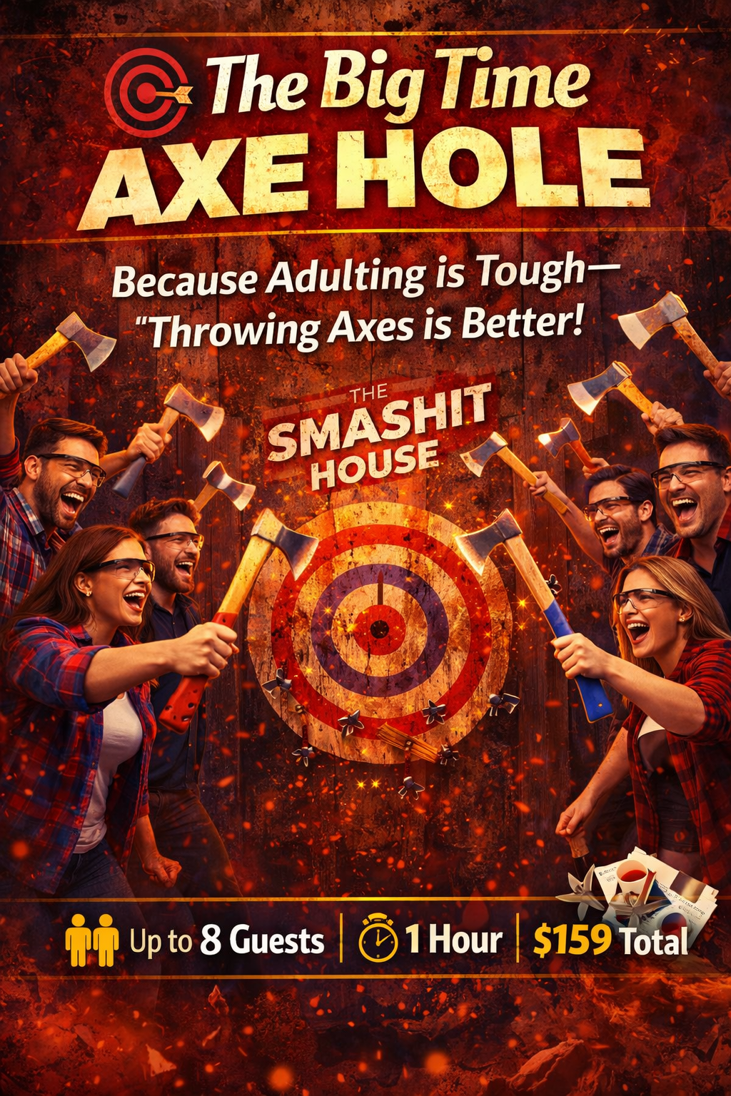 An advertisement poster for a team activity called 'The Big Time Axe Hole' at The Smash House, featuring a group of smiling people holding axes and aiming at a target, with a fiery, intense background.