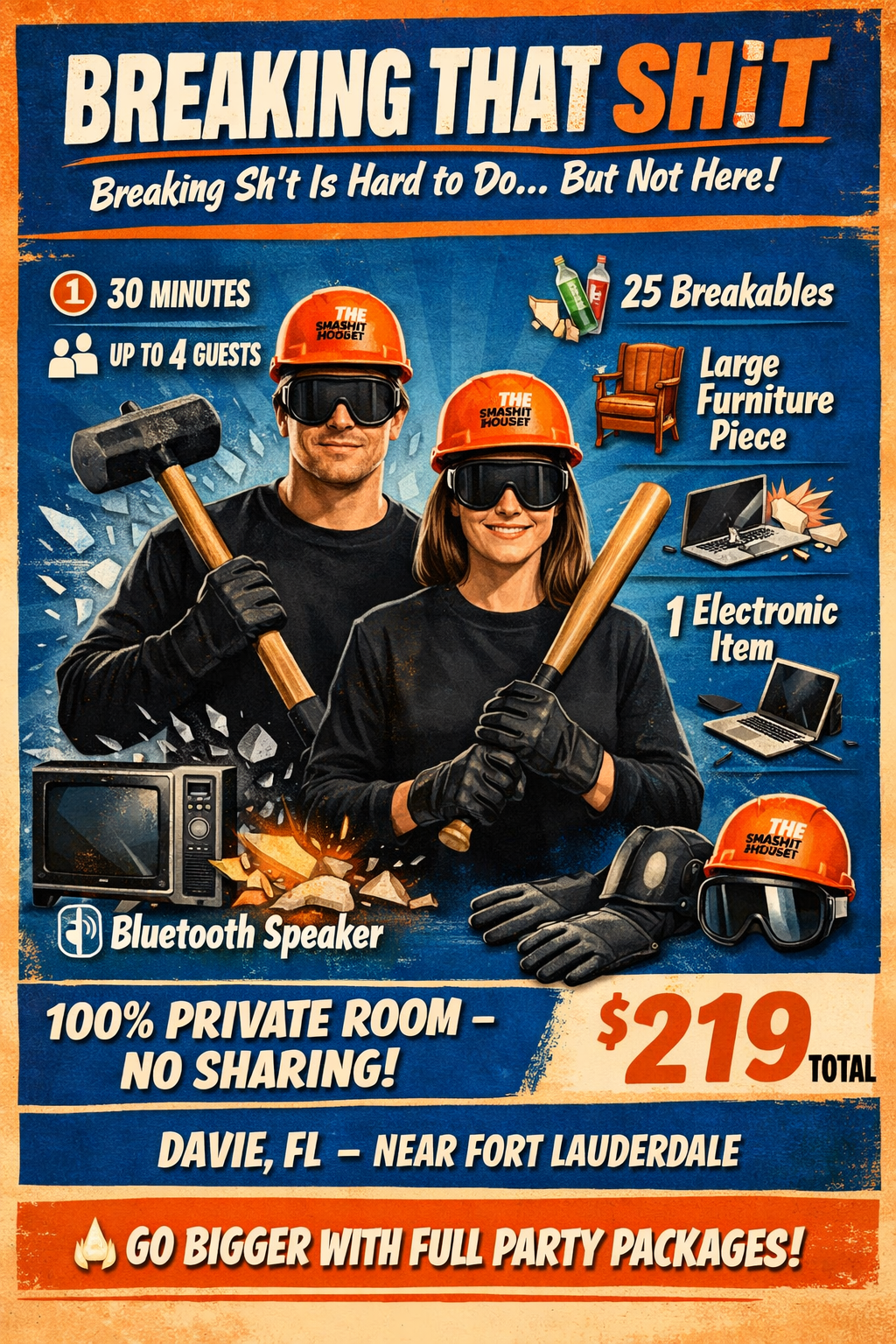 A promotional poster for a fun event called 'Breaking That Sh*t,' featuring two people in construction helmets and goggles, holding hammers, with lists of activities, items, location in Davie, Florida, and a price of $219, emphasizing privacy and party packages.
