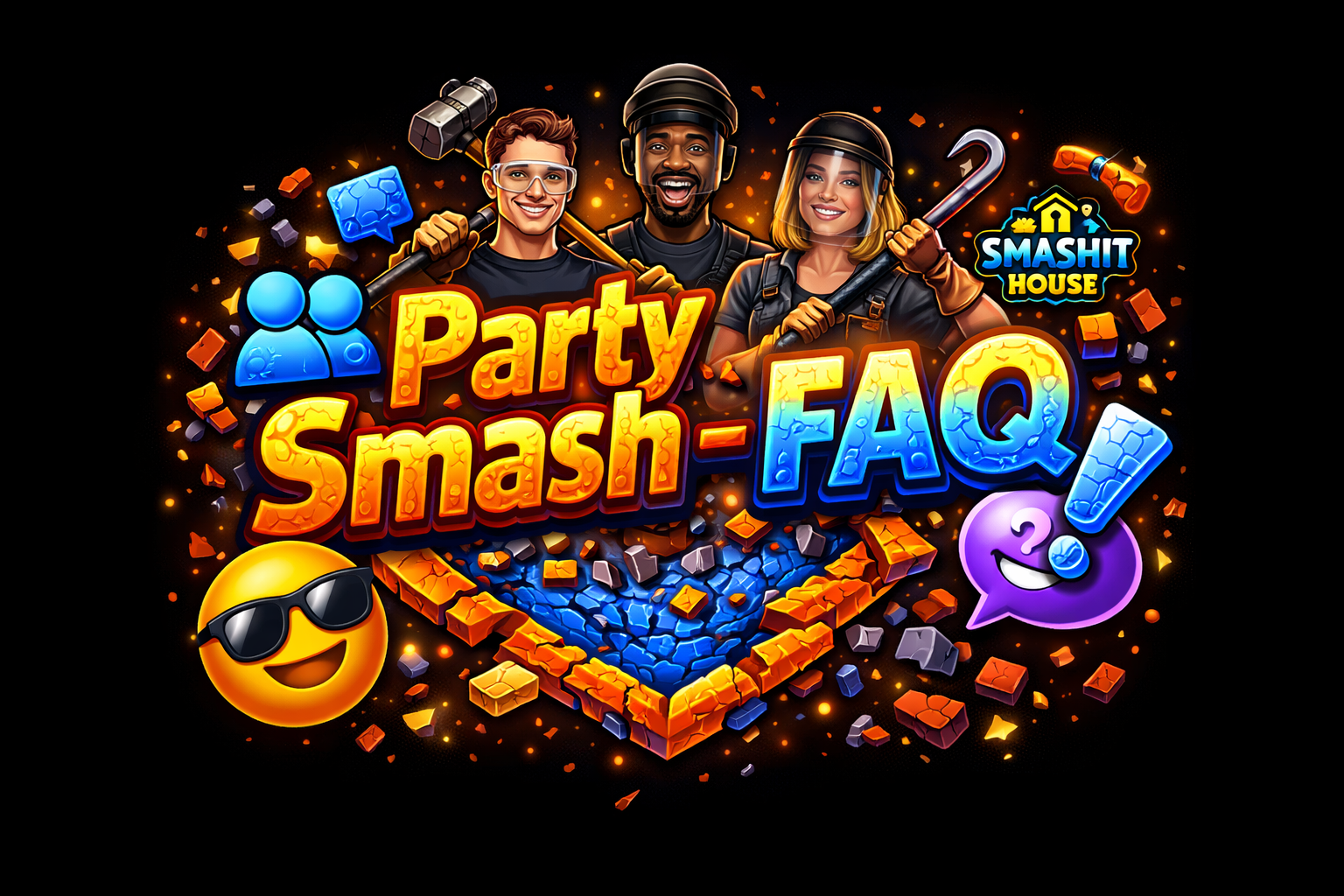 Colorful graphic for Party Smash-FAQ featuring three smiling characters with helmets, surrounded by icons like emojis, game pieces, and speech bubbles, with the words 'Party Smash-FAQ' prominently displayed.