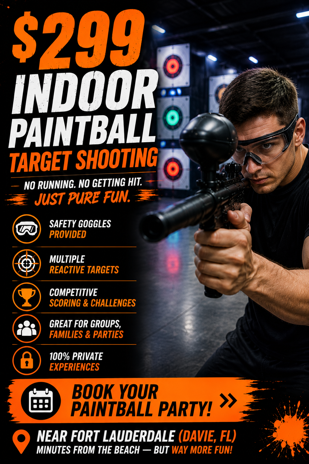 A man aiming a rifle with a scope at a paintball target range with multiple targets, while wearing safety goggles, advertising indoor paintball target shooting for $299.