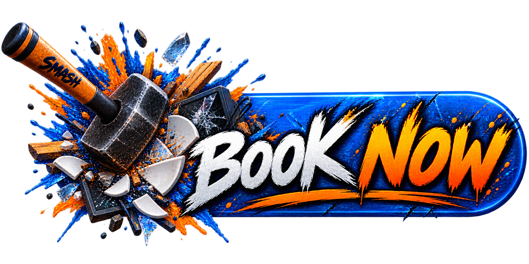 A dynamic graphic with an explosion of debris and blue and orange paint splashes around the words 'Book Now' in bold, white and orange text, possibly for an advertisement or call to action.
