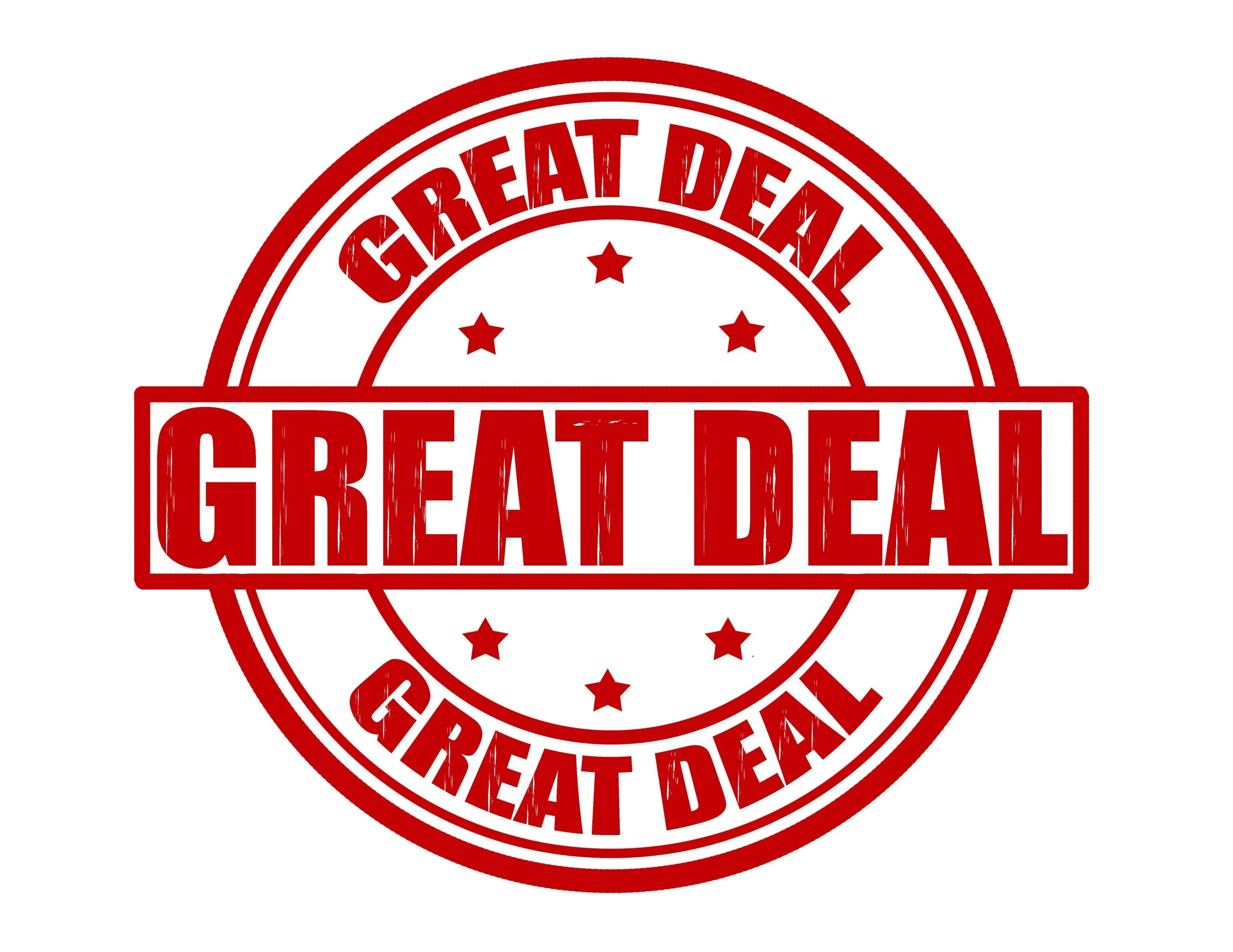 Red circular stamp with the words "Great Deal" repeated around the border and "GREAT DEAL" in bold inside a rectangle in the center, with small stars inside the circle.