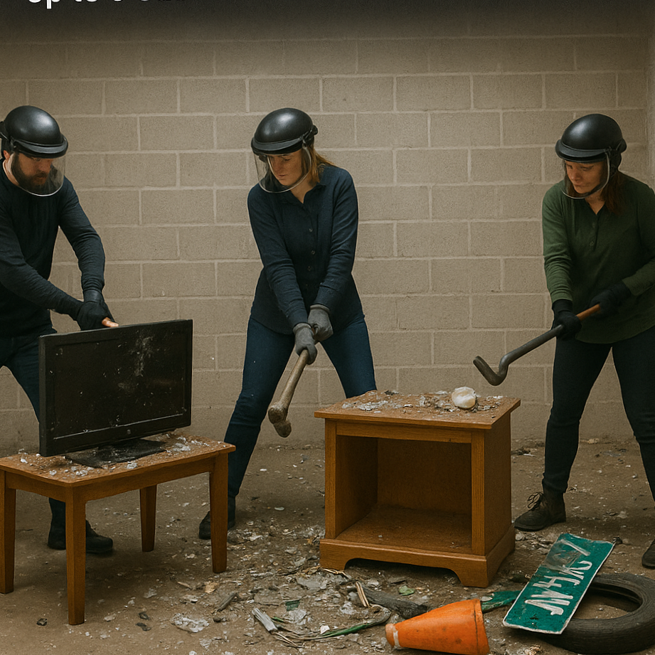 Three people wearing helmets and gloves smashing objects with sledgehammers in a room with a concrete block wall.