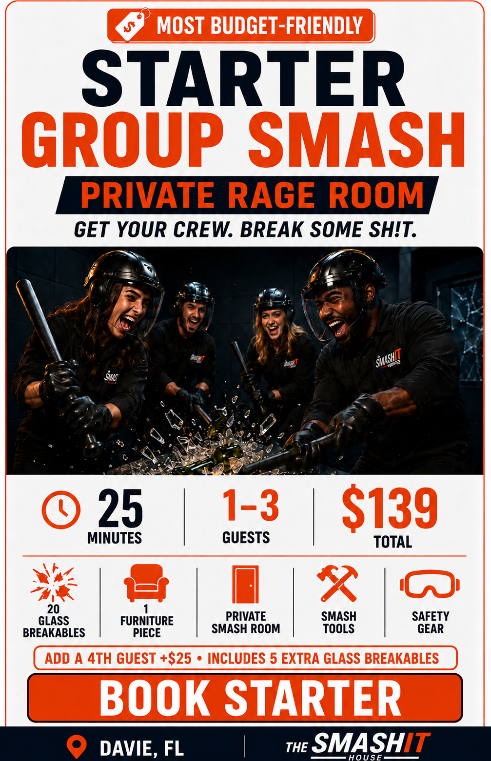 A promotional poster for a private rage room experience called 'Starter Group Smash' at Smash House in Davie, Florida. The poster features four people wearing helmets and gloves, smashing glasses and bottles with baseball bats. It highlights the cost of $139 for 1-3 guests, 25 minutes, includes 20 glass breakables, 1 furniture piece, smash tools, safety gear, and can add a fourth guest for $25. The slogan encourages getting your crew and breaking some stuff, with a large 'Book Starter' button.