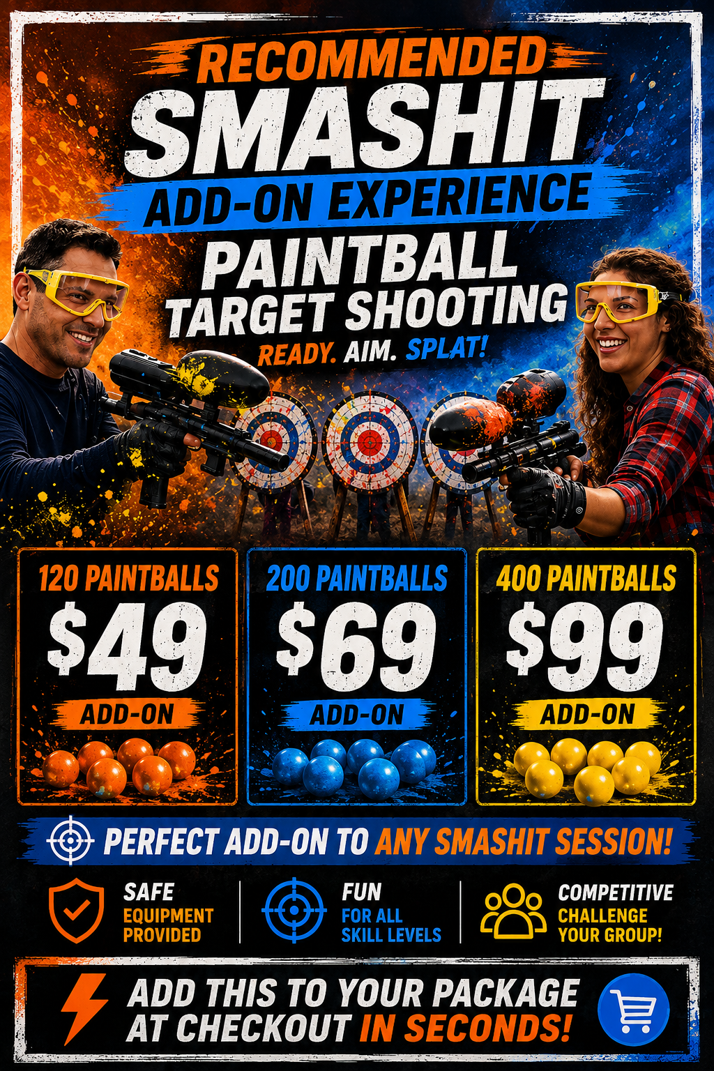 Colorful promotional poster for a paintball experience, featuring two people with paintball guns and targets, with pricing information for different paintball packages, and icons highlighting safety, fun, and competitiveness.