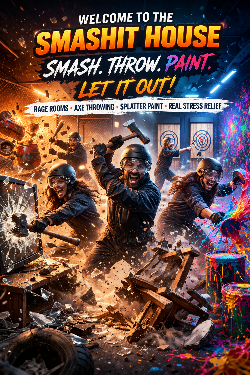 People wearing helmets and safety gear smashing objects with hammers and axes inside a room with graffiti walls, colorful paint splatters, and targets on the back wall, participating in an indoor smash room experience.