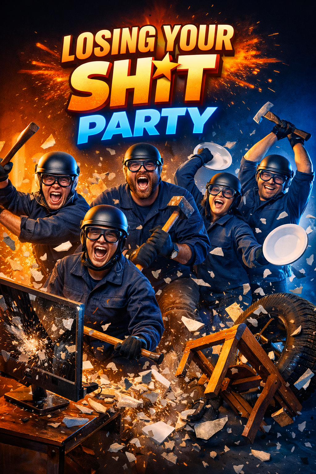 Group of five people in safety helmets and glasses celebrating a lively, chaotic office party with explosions, breaking objects, and desk destruction, under a sign that reads 'Losing Your Sh*t Party'.