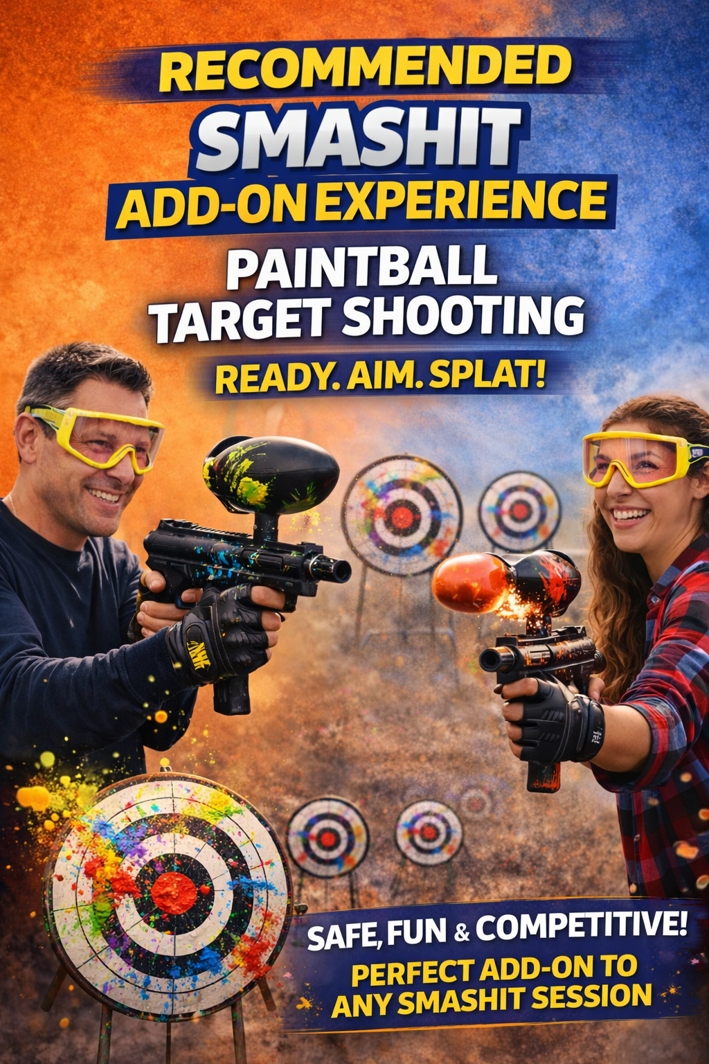Two people wearing protective glasses and gloves, holding paintball guns and shooting at colorful targets in an outdoor setting, with a fiery background.