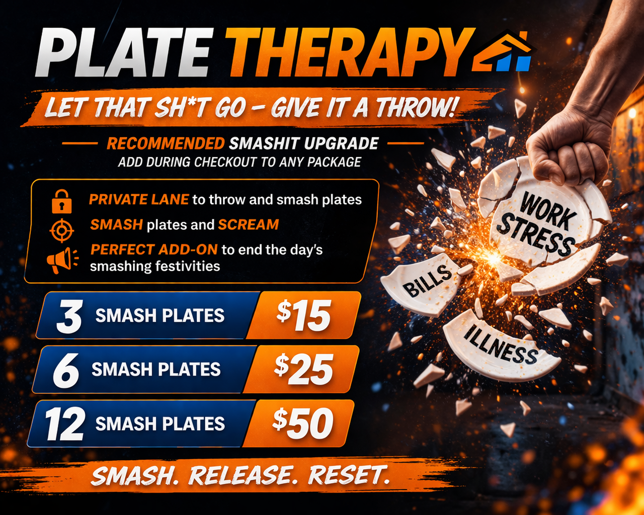 A promotional graphic for plate therapy depicting a person smashing a plate labeled 'Work Stress' with pieces breaking and flying, surrounded by words like 'Bills' and 'Illness'.