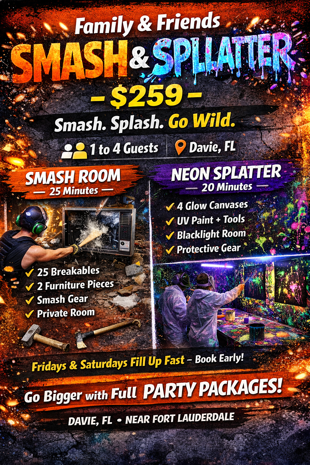 Colorful advertisement for an escape room experience called 'Smash & Splatter' in Davie, Florida, offering 25-minute sessions for 1 to 4 guests with options for Smash Room and Neon Splatter themes, featuring images of people breaking objects and painting on glow canvases, with details about features and booking suggestions.