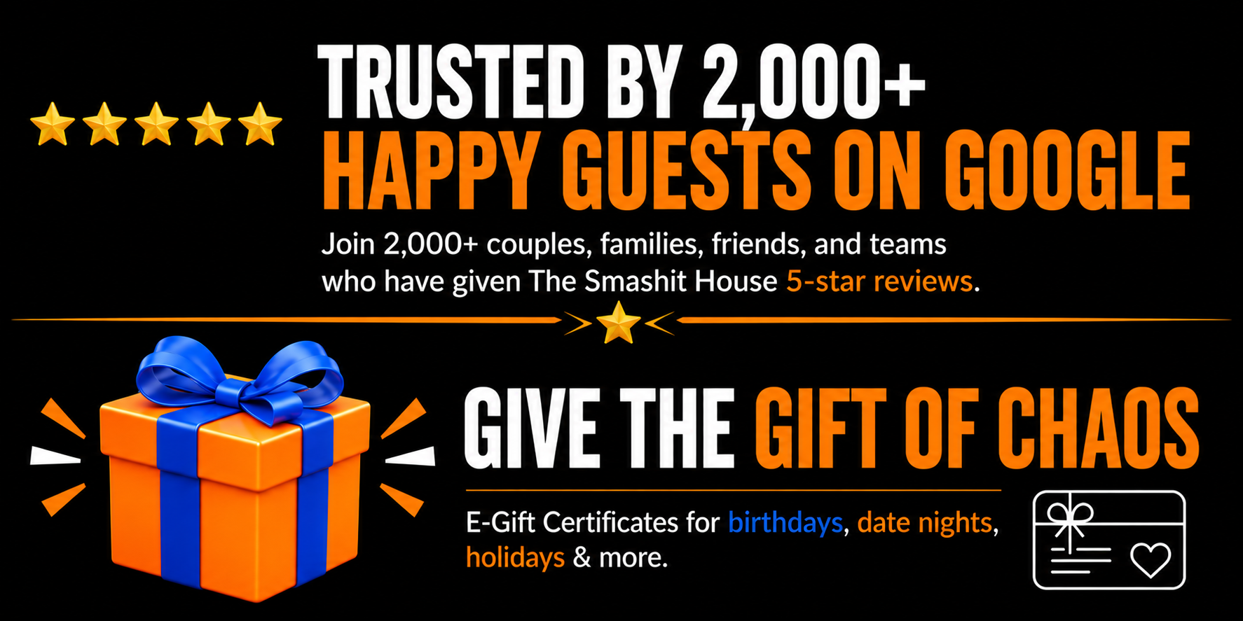 Black background with large white and orange text, five gold stars, a blue ribboned orange gift box, and a white gift card icon. The text promotes trust by over 2,000 people on Google and encouraging giving gifts of chaos with e-gift certificates for birthdays, date nights, holidays, and more.